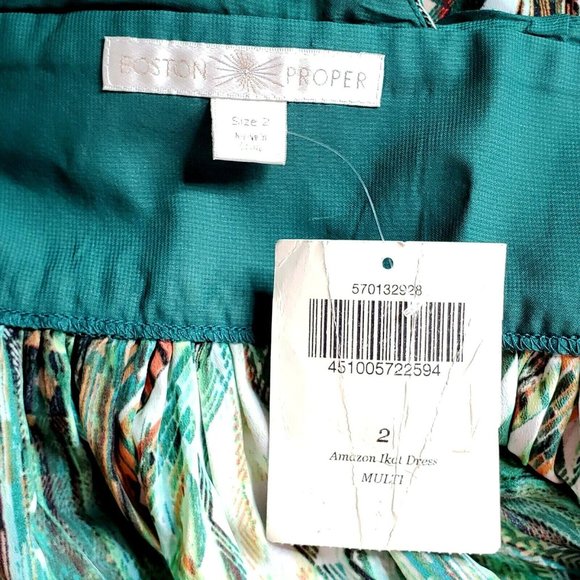 Boston Proper Amazon Ikat Dress Green Multicolor Deep V Neckline - Picture 6 of 8